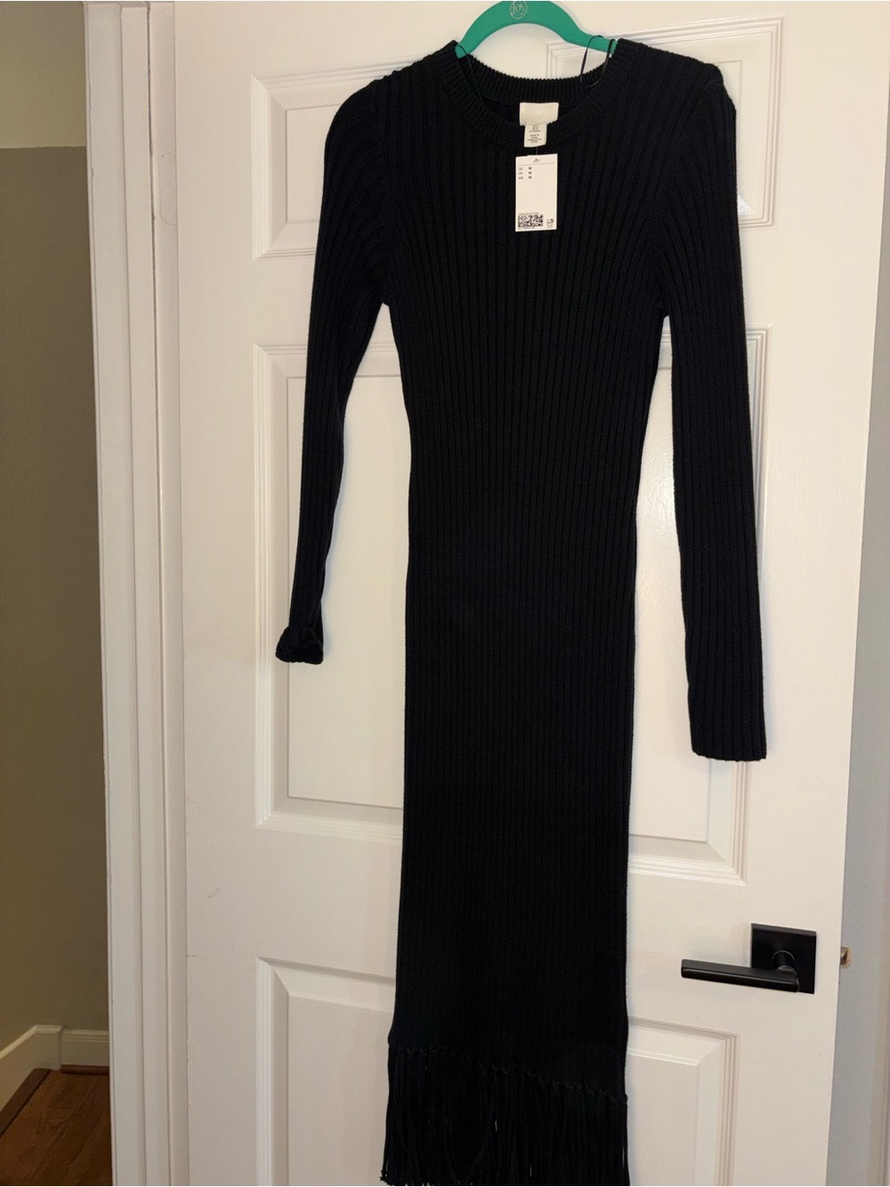 H&M Black Ribbed Long-Sleeve Midi Dress with Fringe Hem